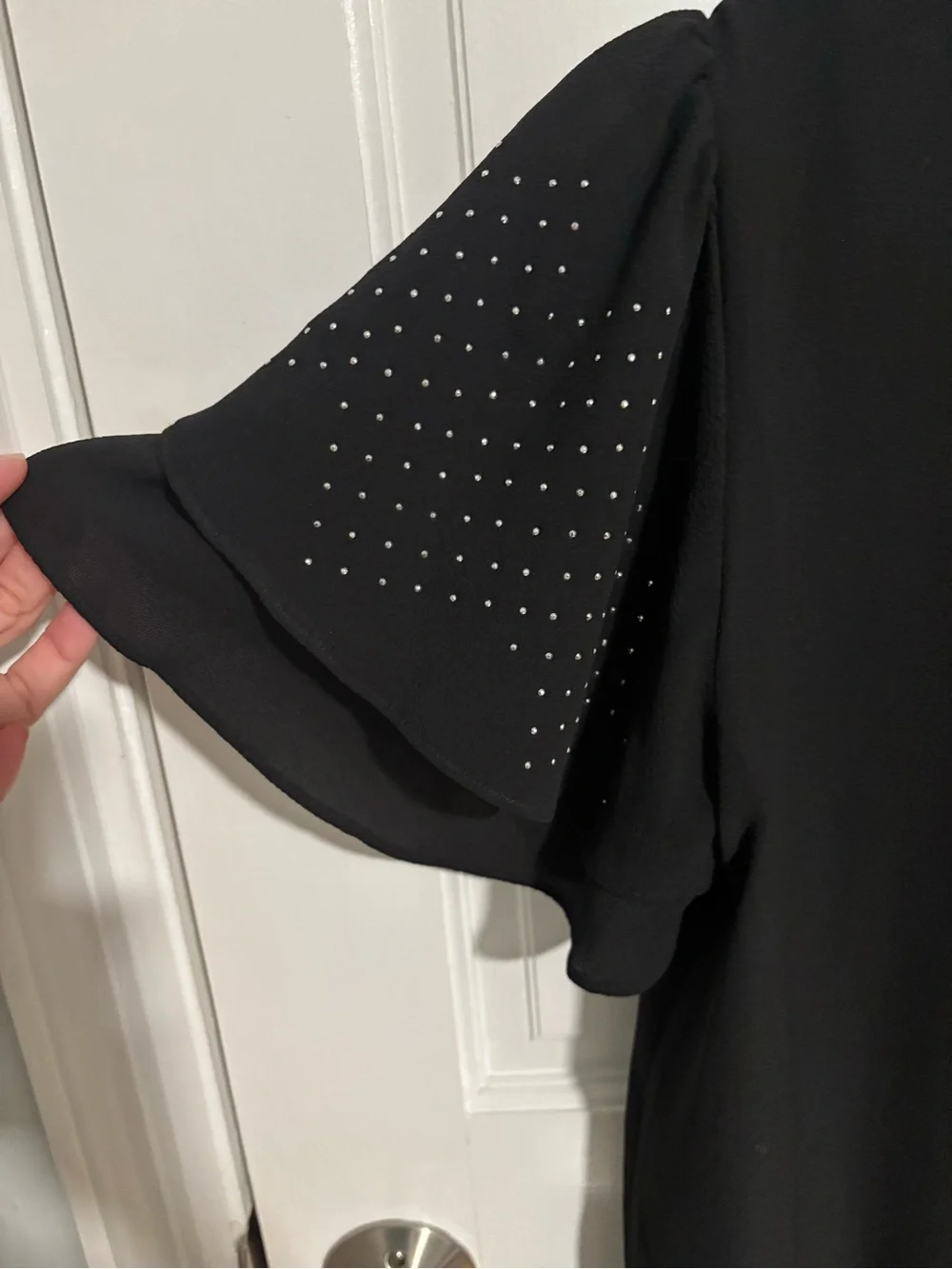 Michael Kors Black V-Neck Ruffle Sleeve Blouse with Stud Accents